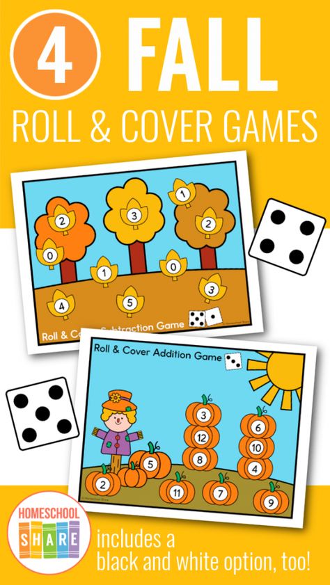 Fall Roll And Color Free, Roll And Cover Halloween Free, Roll And Cover Preschool Free Printable, Fall Roll And Cover, Preschool Circle Time Activities, Autumn Preschool Theme, Roll And Cover, Pumpkin Life Cycle, Preschool Crafts Fall