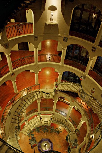 Mission Inn, Riverside, California, Rotunda Stairway, Night Time by © SoLostAndFound (Bill Lindsay), via Flickr.com Riverside Mission Inn, Round Staircase, Mission Inn Riverside, Alpine Texas, Building Types, Sweet California, Castle Doors, Mission Inn, Riverside California