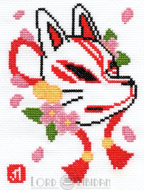 Kitsune Cross Stitch, Tattoo Cross Stitch Pattern, Kitsune Embroidery, Cute Cross Stitch Patterns, Japanese Cross Stitch, Kitsune Tattoo, Anime Cross Stitch, Cross Stitch Tattoo, Tattoo Cross