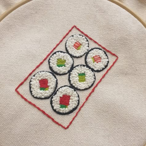 Sushi Embroidery Pattern, Sushi Punch Needle, Embrodery Jeans, Pasta Embroidery, Sushi Embroidery, Itchy Hands, Food Embroidery, Punching Needle, Embroidered Hankies