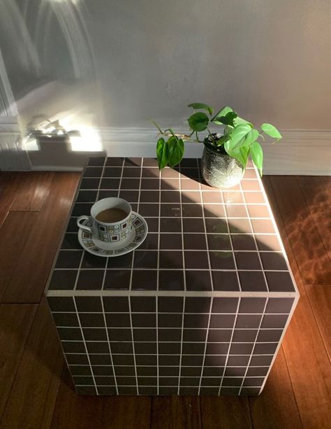 brown tiled cube side table Tiled Cube, Cube Bedside Table, Tile Desk, Dark Green Tile, Concrete Clay, Tile Tables, Brown Tile, Cube Side Table, Tiled Coffee Table