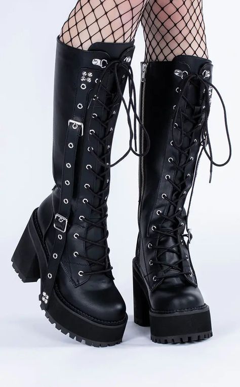 ASSAULT-218 Black Vegan Knee Boots-Demonia-Tragic Beautiful Gothic High Heel Boots, Goth Black Boots, Knee Long Boots Outfit, Goth Boots Platform, Goth Boots Aesthetic, Punk Platforms, Alt Boots, Thigh High Combat Boots, Botas Grunge