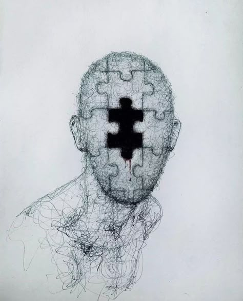 Being Trapped In Your Own Mind Art, Puzzle Face Drawing, Inside Head Art, Trapped In My Own Mind Sketch, Messy Head Drawing, Brain Disorders Art, Art Ideas With Meaning, Psychoanalysis Art Drawings, Disassociate Art Sketch