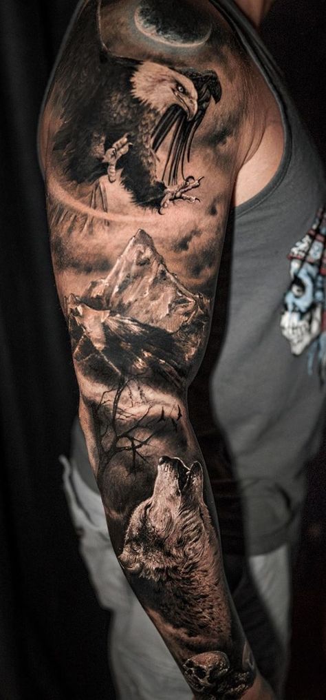 Wolf Tattoos: Meanings, Tattoo Styles & Placement Wolf And Eagle Tattoo, Upper Arm Tattoos For Guys, Eagle Shoulder Tattoo, Natur Tattoo Arm, Bald Eagle Tattoos, Tattoos Masculinas, Men Tattoos Arm, Wolf Tattoos Men, Tattoos Arm Sleeve