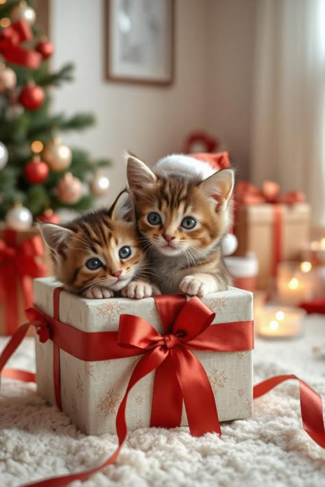 Kittens peeking out of a beautifully wrapped Christmas gift box with a big red bow, set by the Christmas tree. Xmas Animals, Pictures Of Christmas, Different Types Of Cats, Christmas Kitties, Pets Christmas, Sweet Images, Christmas Kitty, Christmas Gift Boxes, Christmas Dreaming