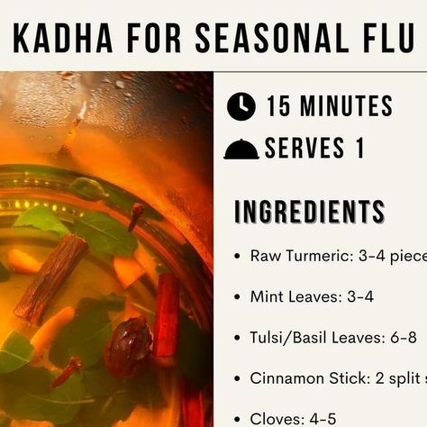 Somewhat Chef Shruti Mahajan on Instagram: "Comment if you want more helpful Health Hacks, I’ll share them with you. Are you having Sore Throat? Save this Now! Instant Relief from the #itchythroat #runnynose #kadha is a traditional Indian drink, often consumed as a chai or tea and is considered to be effective against cough and cold and seasonal flu. Made with Indian herbs and spices, Kadha is a natural #immunitybooster and is said to be the best remedy against fever and #sorethroat Prep Time: 5 Mins Cook Time: 10 Mins Calories: 5 kcal/dose Ingredients: Raw Turmeric: 3-4 pieces Mint Leaves: 3-4 Tulsi/Basil Leaves: 6-8 Cinnamon Stick: 2 split sticks Cloves: 4-5 Ginger: 3-4 pieces Green cardamom: 2-3 Black cardamom: 1 Mulethi/Licorice: 1 Water: 2x Instructions: 1. In Water, add Raw Turmeric, Itchy Throat, Indian Drinks, Immunity Booster, Sore Throat, Runny Nose, Mint Leaves, Health Tips, Herbs