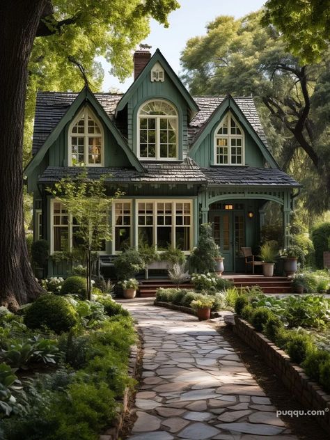 Elevate Your Home Style: Transformative Green Farmhouse Exterior Ideas - Puqqu Cute Aesthetic House Exterior, Cottagecore Exterior House, Fairytale House Exterior, Farmhouse Aesthetic Exterior, Vintage Homes Exterior, Cute Home Exterior, Earthy House Exterior, Green House Exterior Ideas, Moody House Exterior