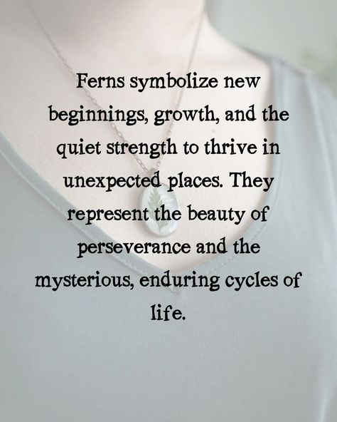 Ferns symbolize new beginnings, growth, and the quiet strength to thrive in unexpected places. They represent the beauty of perseverance and the mysterious, enduring cycles of life. Fern Symbolism, Life Finds A Way, Cycles Of Life, Fern Necklace, Cycle Of Life, In The Shadows, Spiritual Meaning, The Quiet, The Shadows