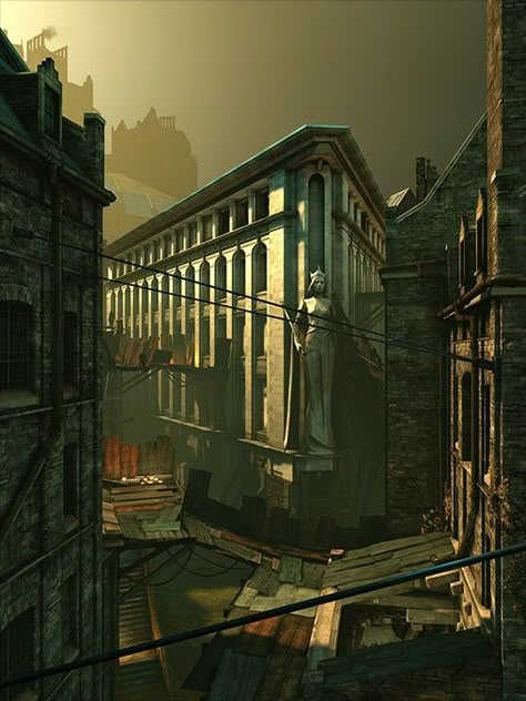 Daud's hideout Dunwall Aesthetic, Corvo Attano, Arkane Studios, Fantasy Story Ideas, World Of Tomorrow, The Evil Within, Dishonored, Fantasy City, Fantasy Places