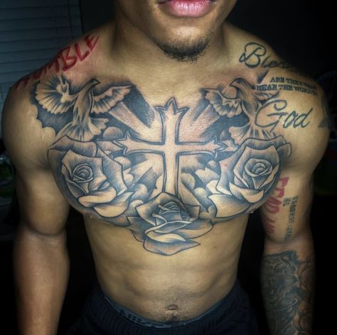 Upper Arm And Chest Tattoo Men, Rip Tattoos For Men Chest, Cross On Chest Tattoo Men, Angel Tattoo On Chest For Men, 3 Crosses Tattoo Men Chest, Men’s Cross Chest Tattoos, Chest Tattoo Stencil Men, Full Chest Tattoo Men, Chest Tattoos Men