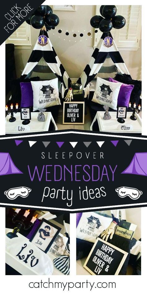 Wednesday Party Activities, Wednesday Addams Sleepover Party, Wednesday Sleepover, Wendsday Birthday Party Ideas, Wednesday Party Ideas, Wednesday Addams Party Ideas, Addams Family Theme Party, Wednesday Addams Party, Kids Birthday Party Activities