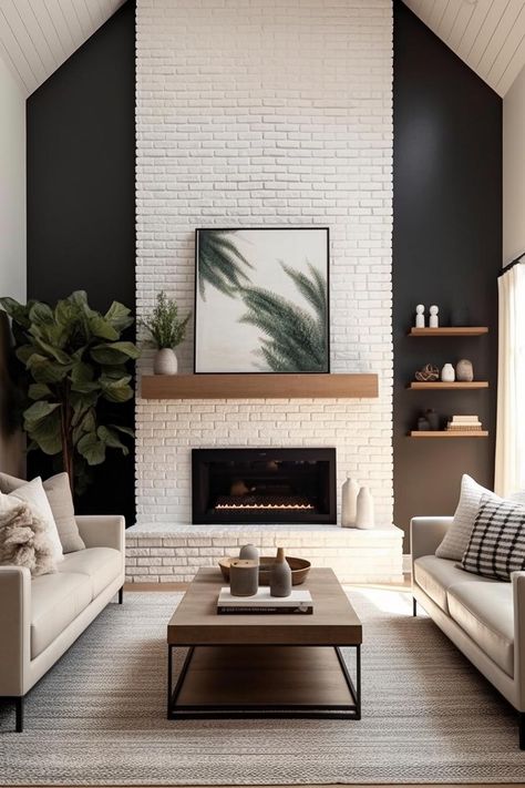 White Washed Brick Fireplace With Mantle, Boho Stone Fireplace, Black Wood Panel Fireplace Wall, 1980s Fireplace Makeover, Paint Brick Fireplace Black, White Brick Fireplace With Black Mantle, Brick Fireplace Tv Wall, Black White And Brown Living Room, Black Fireplace Living Room