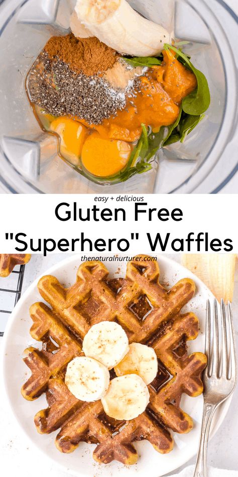 I'm pretty sure that any superhero would be happy to have one of these gluten free waffles for breakfast! High in protein, healthy fats, & veggie-loaded, these are a great way to start your day! #veggieloaded #glutenfree Breakfast High In Protein, Natural Nurturer, Waffles For Breakfast, Healthy Waffles, Hidden Vegetables, Sweet Potato Waffles, Gluten Free Waffles, Protein Waffles, Gluten Free Kids