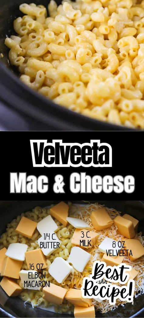 Collage of closeup shot of crock pot full of mac and cheese at top and overhead shot of crock pot with mac and cheese ingredients at bottom. Best Crockpot Mac And Cheese Recipe Velveeta, Best Easy Mac And Cheese Recipe Crockpot, Crock Pot Macaroni And Cheese Velveeta, Crock Pot Mac And Cheese No Boil, Crock Pot Mac And Cheese Recipe Slow Cooker, Crock Pot Mac And Cheese Velveeta Easy, Easy Mac And Cheese From Scratch, Simple Crock Pot Mac And Cheese, Mac And Cheese Crock Pot Recipes