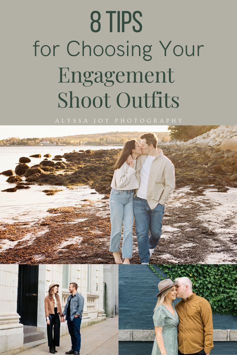 Engagement Photo Shoot Hairstyles, Couples Complimenting Outfits, Neutral Engagement Outfits Fall, Casual Outfit Engagement Pictures, Semi Casual Engagement Photos, Engagement Casual Outfit Ideas, Engagement Photos Outfits Curvy, Causal Engagement Photos Outfit Ideas, Engagement Photo Tips