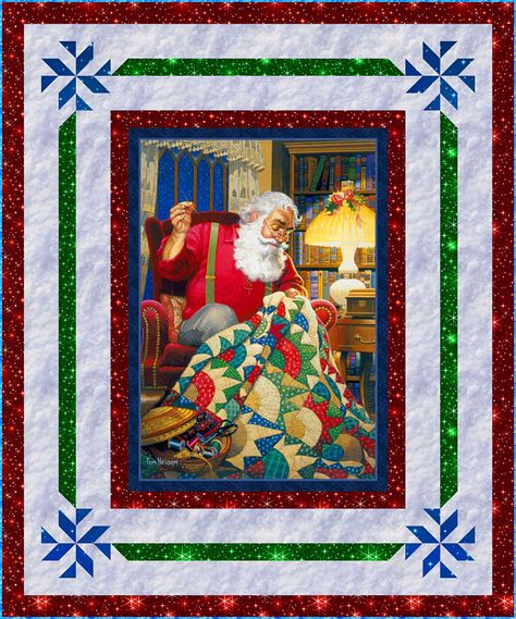 This week’s exclusive eQuilter Free Quilt Pattern features this popular digital-printed panel of jolly St Nick finishing a lovely pieced quilt for those long cold winter nights at the North Pole. Maybe this one is a Christmas present for Mrs. Claus? Quilting Santa Panel Quilt, Christmas Quilt Borders Ideas, Santa Quilt Panels, Christmas Fabric Panel Quilts, Christmas Panels To Quilt, Quilt Panel Border Patterns Free, Santa Panel Quilt Ideas, Free Panel Quilt Patterns Printables, Free Quilt Patterns Using Panels