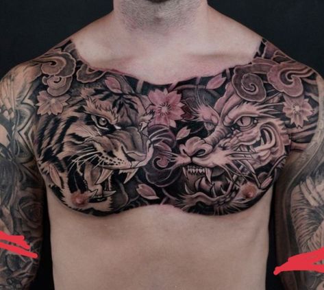 Chest Pec Tattoo Men, Tattoo Dada Pria, Yakuza Chest Tattoo, Japanese Chest Tattoo Design, Tattoo Dada, Tattoo Chest Men, Japanese Chest Tattoo, Chest Tattoo Japanese, Tattoo Peito