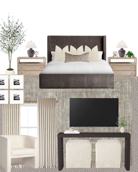 White Bedding King Bed, Arhaus Wyller Bed, Wyller Bed Arhaus, Modern Bedroom With Fireplace, Sophisticated Guest Bedroom, Sophisticated Master Bedrooms Decor, Amber Interiors Bed, Modern Contemporary Bedroom Design Ideas, Bedroom Inspiration Cozy Dark