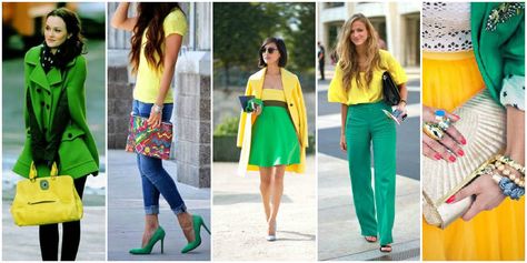 Combination With Green, Yellow Color Combinations, Green Clothes, Combination Dresses, Yellow Clothes, Color Combinations For Clothes, Yellow Blazer, Green Accessories, Perfect Summer Outfit