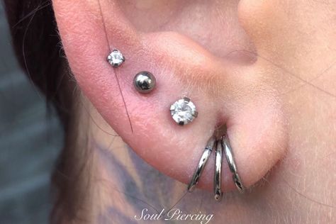 Stacked Hoops In Stretched Ears, Stacked Stretched Lobes, 4th Lobe Piercing, 4th Piercing, 4 Lobe Piercings, Small Stretched Ears, Rings Stacked, Piercing Inspo, Stretched Lobes