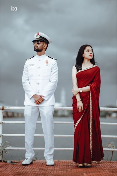 Photo From pre wedding series - By Bokeh Ads Navy Couple Photoshoot, Kapal Photo Shadi, Pre Wedding Clothes Idea For Couple, Pre Wedding Clothes Idea, Army Pre Wedding Shoot, Army Couple Photography Poses, Army Couple Photography, Merchant Navy Couple, Navy Couple