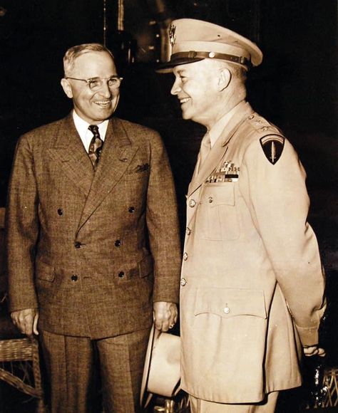 President Harry S. Truman and General Dwight D. Eisenhower aboard the USS Augusta en route to the Potsdam Conference in July of 1945. The Potsdam Conference began on July 17, 1945. Leaders from the U.S., the UK and the Soviet Union met to discuss occupied Germany and how it would be governed after WWII. Image via Wikimedia Commons, public domain Potsdam Conference, Harry S Truman, Dwight D Eisenhower, Patriotic Pictures, Michael Roberts, The Soviet Union, Us Government, July 17, Soviet Union