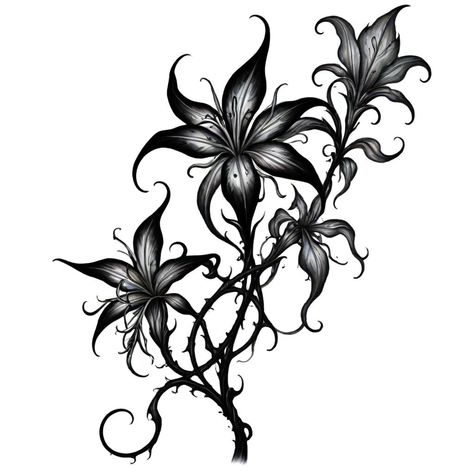 Gothic Dark Tattoo Ideas, Unique Dark Tattoos For Women, Gothic Lily Tattoo, Red Lilly Flower Tattoo Designs, Cool Dark Tattoo Ideas, Dark Lily Tattoo, Emo Flower Tattoo, Gothic Floral Tattoo Sleeve, Angel Flower Tattoo