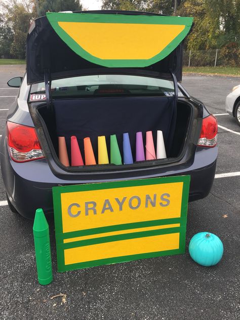 Art Trunk Or Treat Ideas For Cars, Crayon Trunk Or Treat Ideas For Cars, Crayons Trunk Or Treat, Crayon Box Trunk Or Treat Ideas, Crayon Box Trunk Or Treat, Trunk Or Treat Crayon Theme, Trunker Treat Car Ideas, Truck Or Treat Ideas For Suv, Crayon Trunk Or Treat Ideas