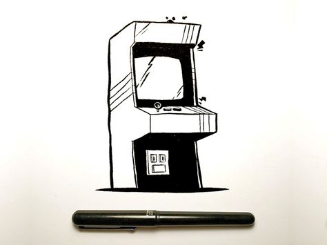 Arcade cabinet ink sketch by Jetpacks and Rollerskates Computer Tattoo, Gamer Tattoos, Retro Arcade Games, Arcade Game Machines, Camera Tattoo, Retro Tattoos, American Graffiti, Arcade Cabinet, Gaming Tattoo