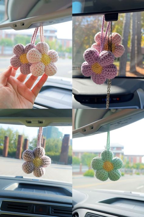 This is the cutest addition to my car, all my friends think it's soo cute! Crochet Car Window Hanging, Rearview Mirror Crochet Patterns Free, Crochet Luggage Identifiers, Car Hanger Crochet Pattern Free, Car Hanging Crochet, Crochet Accessories Free Pattern, Crochet Car Accessories, Small Crochet Gifts, Car Hanging Accessories