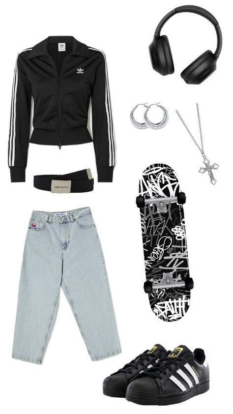 adidas jacket, Carhartt belt, light blue big boy pants, adidas shoes, skateboard, silver cross necklace, silver earrings, JBL headphones Skate Girl Outfit, Moda Skate, Skateboarding Outfits, Skate Outfit, Skater Girl Aesthetic, Skate Fits, Physically Fit, Full Body Workout At Home