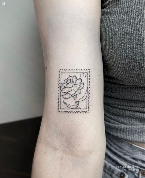 Carnation Tattoo Small Simple, Single Carnation Tattoo, Carnation Stamp Tattoo, Orchid Stamp Tattoo, Destination Tattoos, Simple Carnation Tattoo, Carnations Tattoo, Spain Tattoos Ideas, Flower Stamp Tattoo