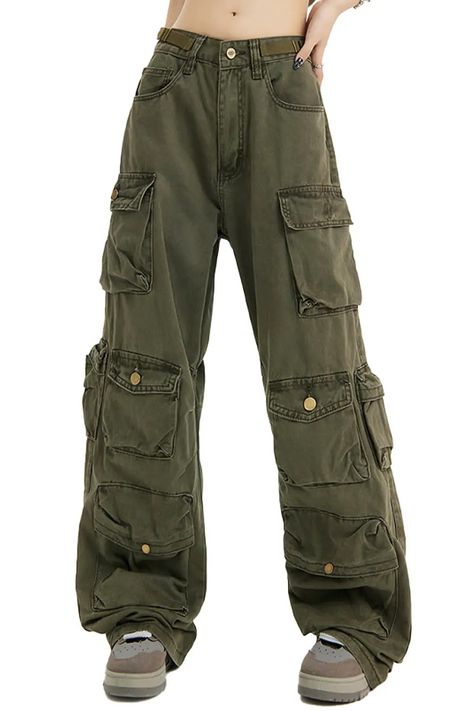 Military Green Wide Leg Cargo Pants Unisex Alt Grunge Dark Green Grunge Outfit, Green Clothes Aesthetic, Cargo Pants Ideas, Cute Alt Outfits, Baggy Green Cargo Pants, Alt Pants, Adventurer Outfit, Grunge Fashion Aesthetic, Cargos Outfit