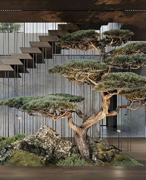 Indoor Zen Garden, Houses Garden, تحت الدرج, Roof Gardens, Grosvenor House, Stairway Design, Indoor Trees, Garden Drawing, Bedroom Wall Paint