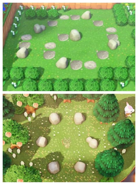 Botw Acnh Island, Animal Crossing Stone Garden, Acnh Pond Decorations, Acnh Stone Garden Ideas, Glowing Moss Pond Acnh, Acnh Pond Design Code, Animal Crossing Rock Ideas, Rock Animal Crossing, Acnh Flower Garden Layout Ideas