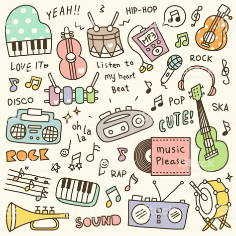 Cute Music Doodles, Doodles Music, Music Doodles, Music Doodle, Cute Music, Instrument Music, 귀여운 음식 그림, Bullet Journal Banner, Cute Easy Doodles