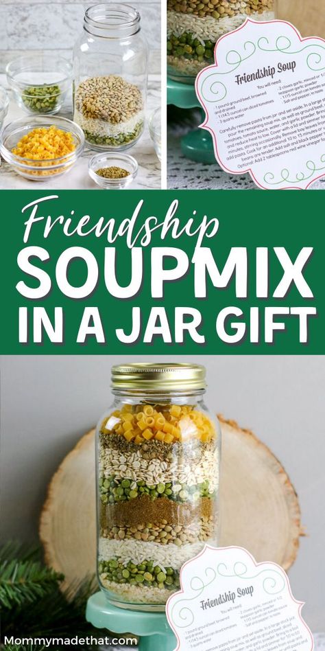 Friendship Soup In A Jar, Friendship Soup Recipe, Dry Soup Mix Recipes, Friendship Soup, Soup Mix In A Jar, Homemade Soup Mix, Jar Food Gifts, Mason Jar Gifts Recipes, Mason Jar Soup