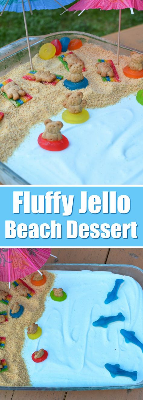 Fluffy Jello, Beach Theme Desserts, Sand Dessert, Summer Party Food, Sand Pudding, Gummy Sharks, Graham Cracker Dessert, Raspberry Jello, Beach Dessert