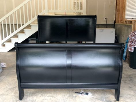 Gel Stain Bed Makeover - Fearless DIY Black Sleigh Bed Farmhouse, Painting Wood Bed Frame Black, Black Stain Bedroom Furniture, Painting A Sleigh Bed, Slay Bed Makeover Bedroom Ideas, How To Paint A Bed Frame, Sleigh Bed Makeover Before And After, Cherry Sleigh Bed Makeover, Sleigh Headboard Makeover