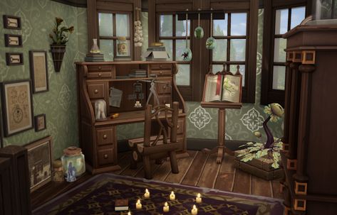 Sims 4 CC's - The Best: The Woodland Witch Cottage (No CC) by femmeonamissionsims Sims 4 Cc Witch Furniture, Witch Furniture, Witch Cottage Interior, Sims 4 Witch House, Woodland Witch, Sims 4 Cottage, Witch Cottage, Sims 4 House Design, Casas The Sims 4