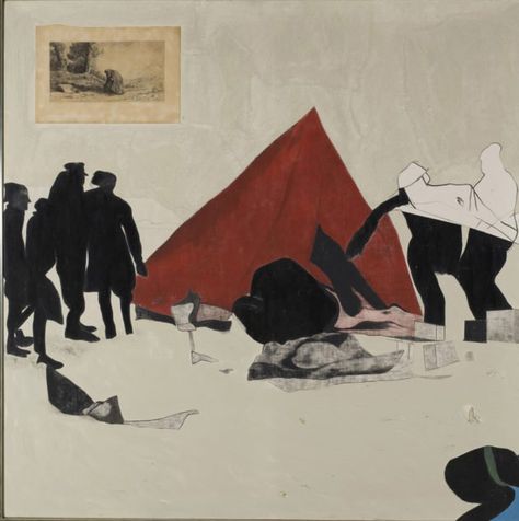 R.B. Kitaj, Dismantling the Red Tent, 1963–64. Courtesy of the R.B. Kitaj Estate David Hockney Collage, R B Kitaj, The Red Tent, James Rosenquist, Claes Oldenburg, Red Tent, Jasper Johns, Roy Lichtenstein, Pop Art Style