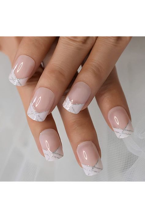 French Nail Gel Designs, French Tip Nails With Sparkle Line, French Acrylic Nails Squoval, Acrylic Nail French Tip With Design, Air Force Nails Designs, White Nail Tip Designs, Pretty French Tips, White Tip With Glitter, French Manicure Dip Nails