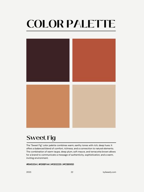 The "Sweet Fig" color palette combines warm, earthy tones with rich, deep hues. It offers a balanced blend of comfort, richness, and a connection to natural elements. The combination of warm taupe, deep plum, soft mauve, and terracotta brown allows for a brand to communicate a message of authenticity, sophistication, and a warm, inviting environment. #B4533A | #D8BFA4 | #3D2225 | #CB895D Fig Color Palette, Terracotta Color Palette Bedrooms, Color Palette 2023, Plum Color Palette, Colour Pantone, Terracotta Color Palette, Moody Color Palette, Moroccan Colors, Wellness Store