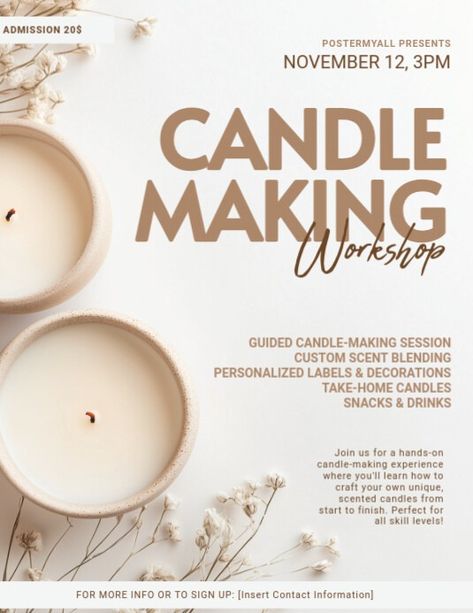 White 3d Candle Making Workshop Flyer (us Letter) | PosterMyWall Candle Flyer Design, Candle Poster, Candle Making Class Flyer, Workshop Flyer, Candle Workshop Studio, Candle Making Business Plan, Candle Business Template, Candle Business Plan Template Free, Candle Workshop