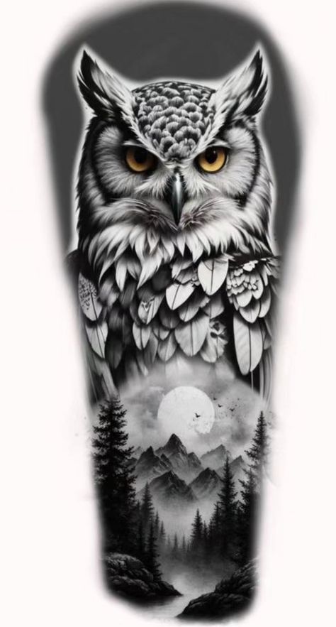 Owl Tattoo Sleeve Mens, Neo Traditional Owl Tattoo Design, Owl Bicep Tattoo, Owl Head Tattoo Design, Realistic Owl Tattoo Men, Man Tattoo Arm Sleeve Unique Designs, Owl Wolf Tattoo, Realistic Owl Tattoo Design, Owl Shoulder Tattoo