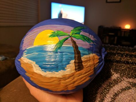 Sunset painted on a coconut Painting Coconut Shells, Coconut Painting Ideas, Coconut Painting, Palm Cross, Coconut Fish, Coconut Shell Crafts, Shell Ideas, Family Projects, Coconut Shells