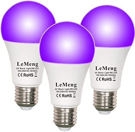 LeMeng LED Black Lights Bulb 9W Blacklight A19(75Watt Equivalent), E26 Medium Base 120V, UVA Level 395-400nm, Glow in The Dark for Blacklights Party, Body Paint, Fluorescent Poster- 3 Pack Painted Window Frames, Black Lights, Blacklight Party, Uv Black Light, Pendant Fixture, Glow Party, Incandescent Lamp, Led Light Bulb, Fan Light