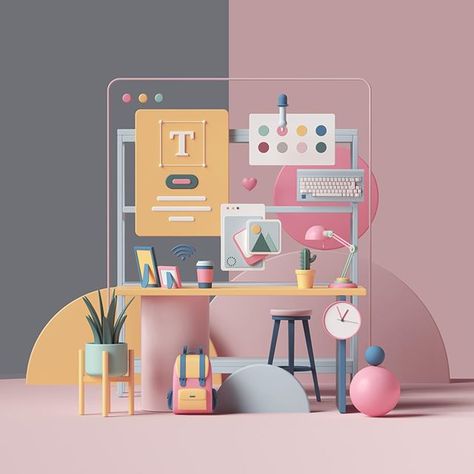 Peter Tarka on Instagram: “Workspace; more playful stuff this time. . . . #workspace #work #office #space #desk #designer #illustration #colors #abstract #dribbble…” Peter Tarka, Blender Art, Empty State, What Is Design, 3d Studio, 3d Icons, Workspace Design, 3d Artwork, Blender 3d