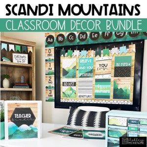 Scandinavian Classroom Decor, Scandi Mountains Classroom Decor, Classroom Color Scheme Ideas, Mountains Classroom Decor, Green Classroom Decor, Coastal Classroom, Mountain Classroom, Scandinavian Mountains, Plant Classroom