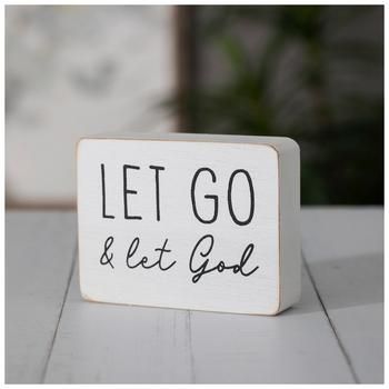 Dimensions: 3.13" H x 4.06" W x 1" D Material: MDF Shape: Rectangle Color: White & Black Orientation: Horizontal Quantity: 1 Adorn your home with faithful reminders by displaying this Let Go & Let God Wood Decor. This MDF piece is painted white with a woodgrain finish and has the phrase "Let Go & Let God" written in black text. Place this piece on the coffee table or desk to remind yourself that it’s all in God’s hands! Christian Table Decor, Wood Blocks Crafts, Scripture Wood Signs, Quote Blocks Wood Sayings, Small Wood Block Signs, Wood Bible Verse Signs, Diy Scripture Wall Art Wooden Signs, Bible Garden, Square Signs